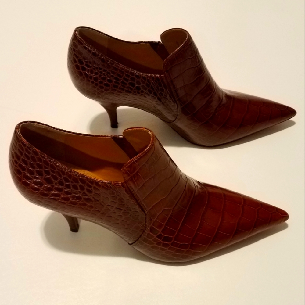 Tory Burch Georgina Croco Embossed Ankle Booties Perfect Brown Leather